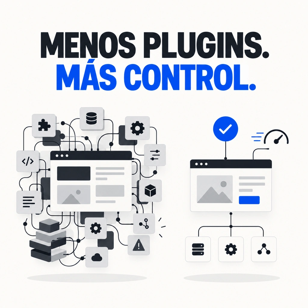 Menos plugins, más control: comparación entre una arquitectura web compleja y una estructura simplificada.